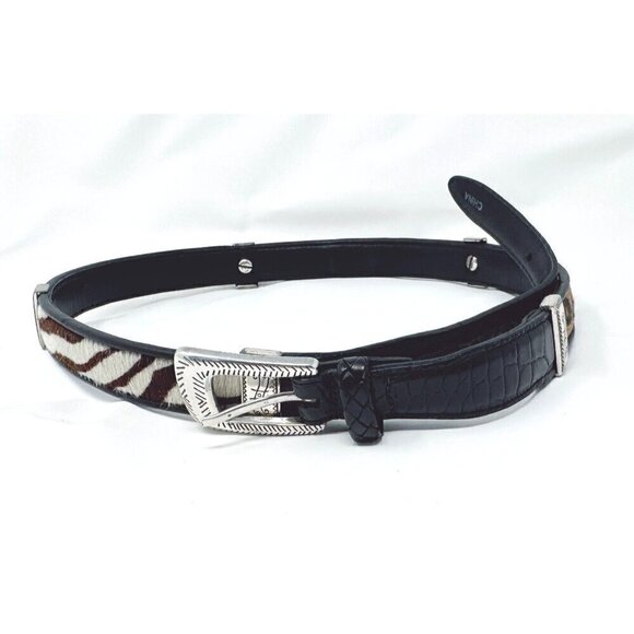 Brighton Sz M/L Black Leather Leopard Print Pony Calf Hair Patchwork Belt Mix - Picture 3 of 13